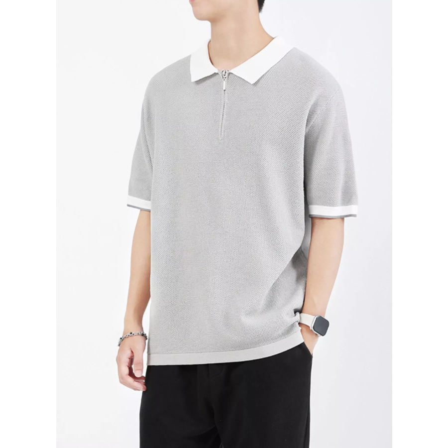 Men’s Plus Size Textured Knit Polo with Zipper Grey / M Apparel and Accessories