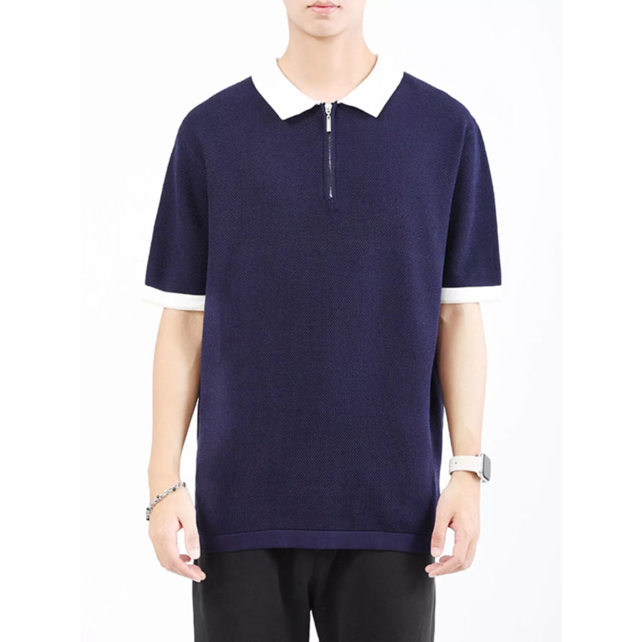 Men’s Plus Size Textured Knit Polo with Zipper Royal Blue / M Apparel and Accessories