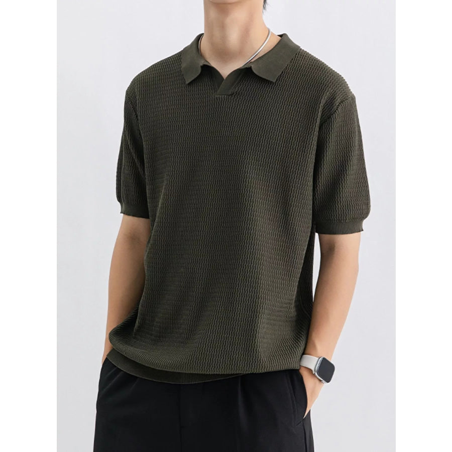 Men’s Plus Size Textured Knit Short Sleeve Polo Army Green / M Apparel and Accessories