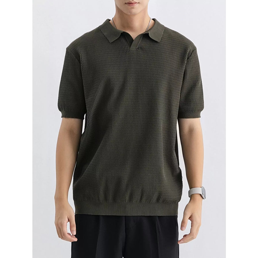 Men’s Plus Size Textured Knit Short Sleeve Polo Army Green / M Apparel and Accessories