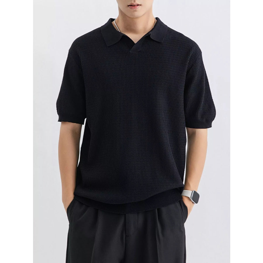 Men’s Plus Size Textured Knit Short Sleeve Polo Black / M Apparel and Accessories
