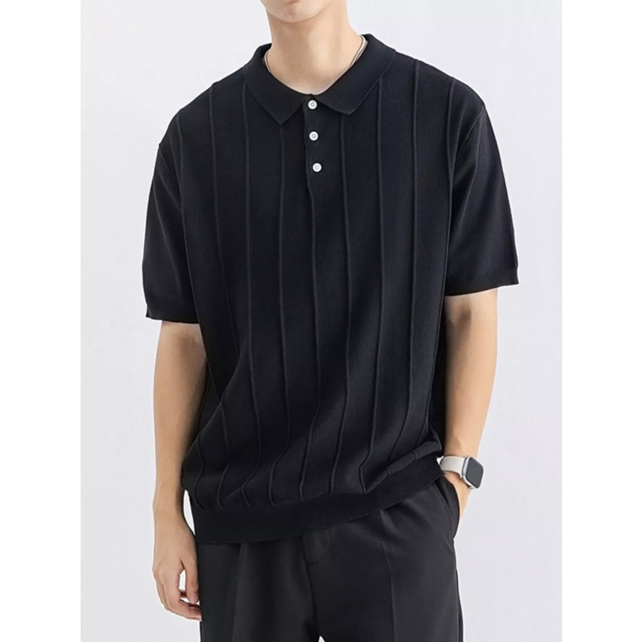 Men’s Plus Size Textured Knit Short Sleeve Polo Black / M Apparel and Accessories