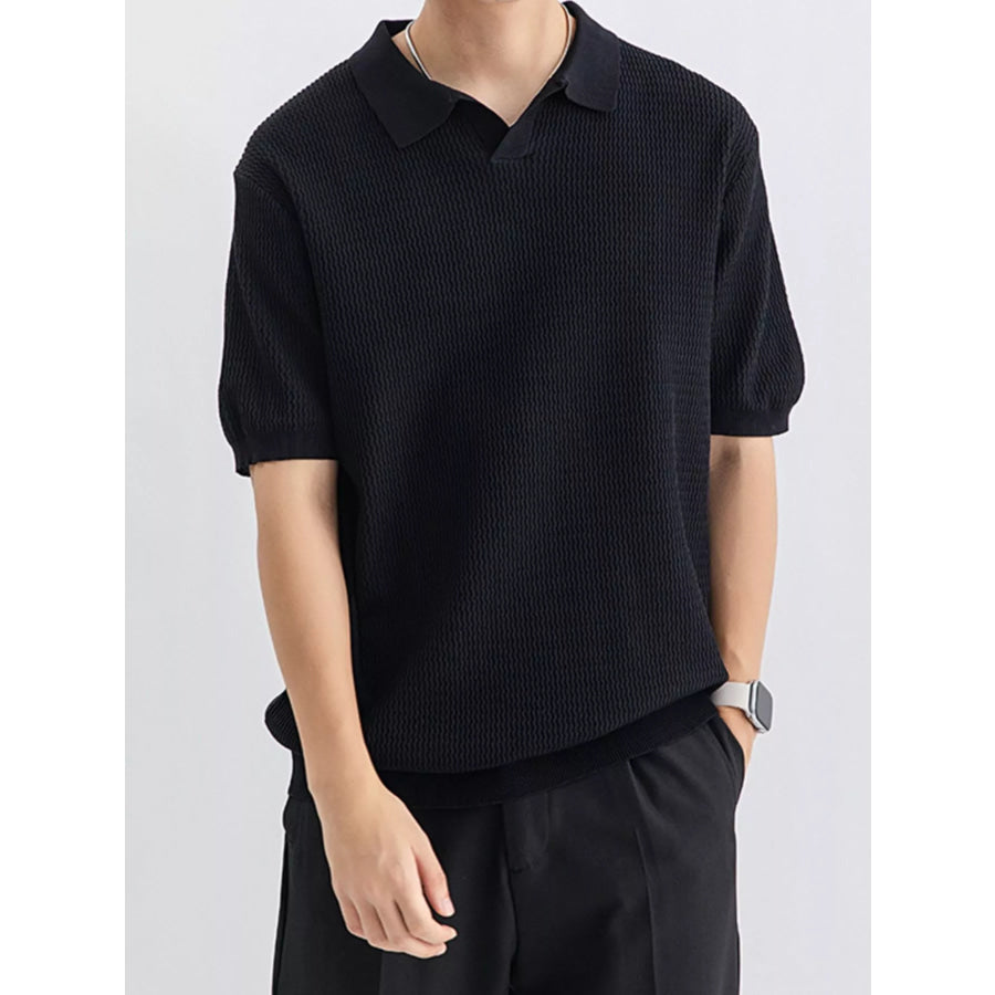 Men’s Plus Size Textured Knit Short Sleeve Polo Black / M Apparel and Accessories