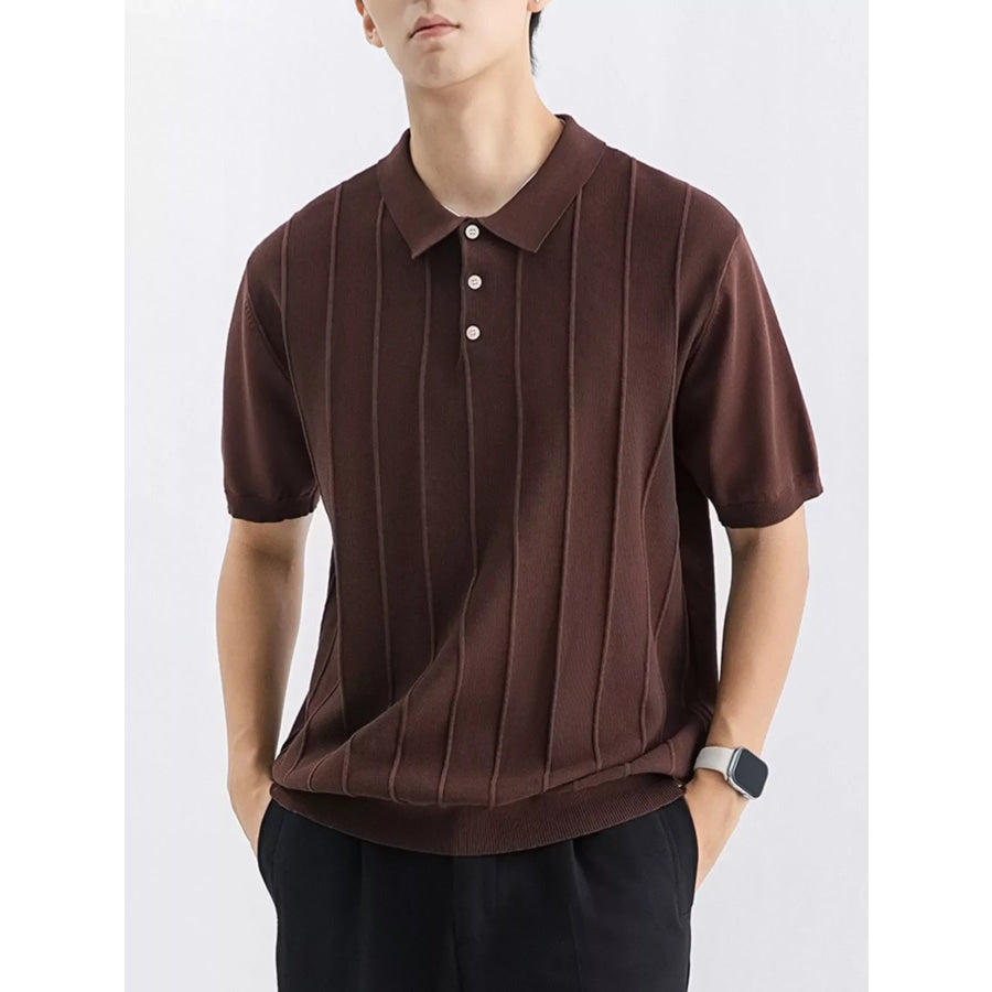 Men’s Plus Size Textured Knit Short Sleeve Polo Brown / M Apparel and Accessories