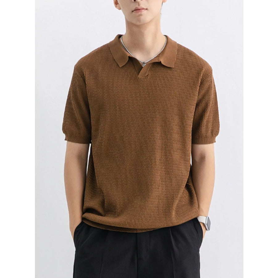 Men’s Plus Size Textured Knit Short Sleeve Polo Brown / M Apparel and Accessories