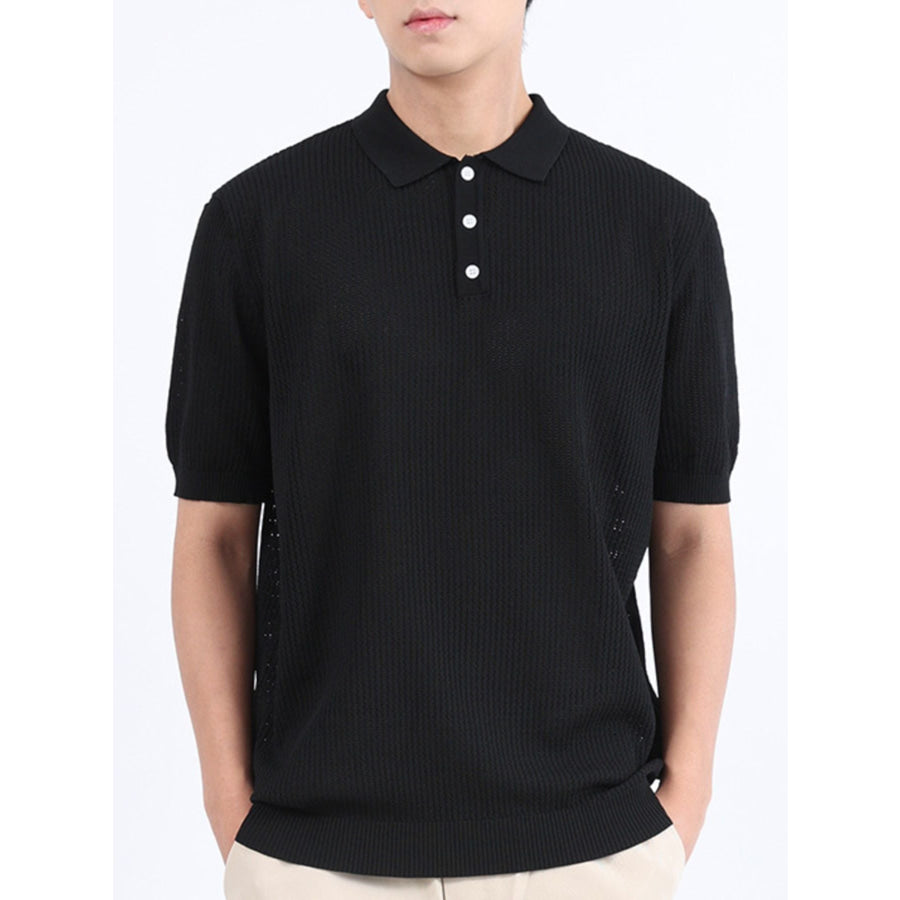 Men’s Plus Size Textured Knit Short Sleeve Polo Shirt Black / M Apparel and Accessories