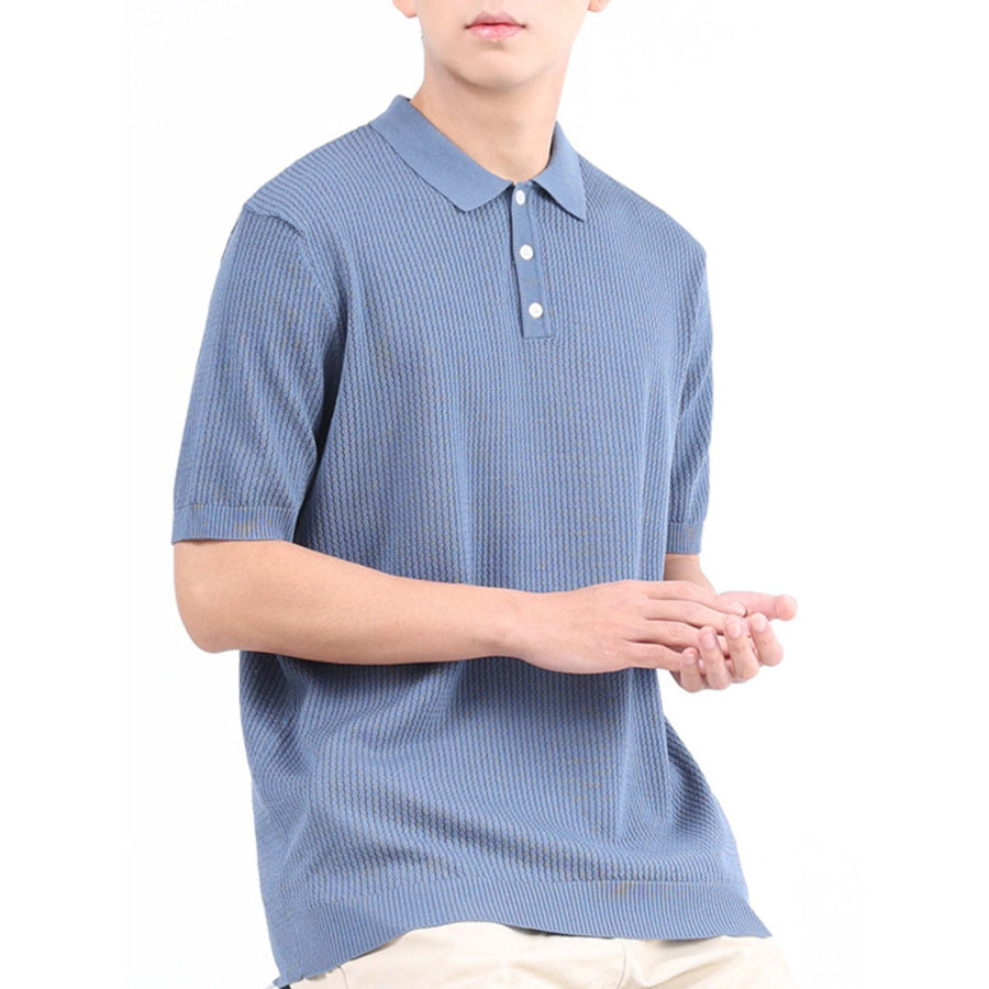 Men’s Plus Size Textured Knit Short Sleeve Polo Shirt Light Blue / M Apparel and Accessories