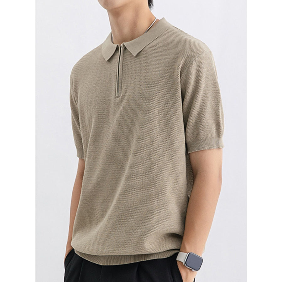 Men’s Plus Size Textured Knit Zip-Up Polo Apricot / M Apparel and Accessories