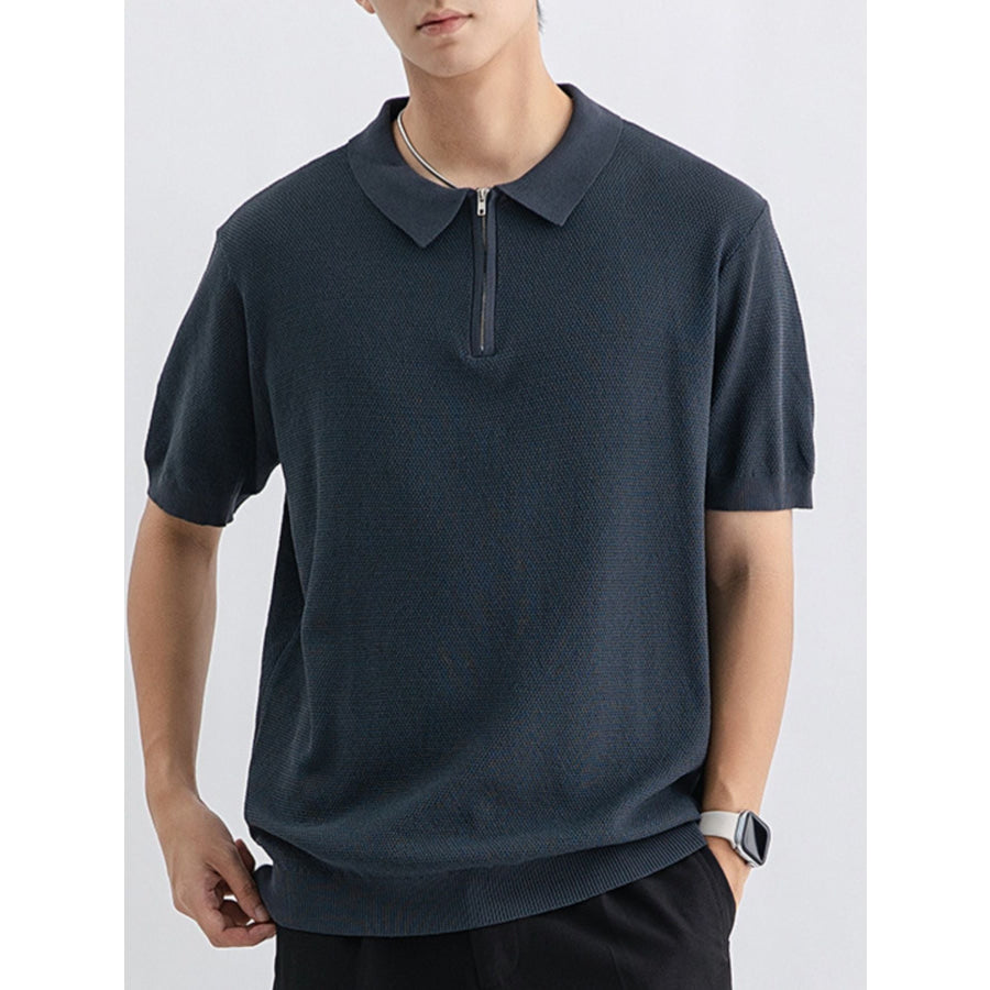 Men’s Plus Size Textured Knit Zip-Up Polo Dark Gray / M Apparel and Accessories
