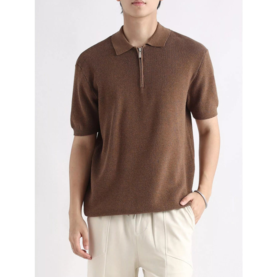 Men’s Plus Size Textured Knit Zip-Up Top Brown / M Apparel and Accessories