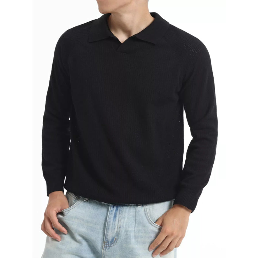 Men’s Plus Size Textured Polo Collar Knit Top Black / M Apparel and Accessories