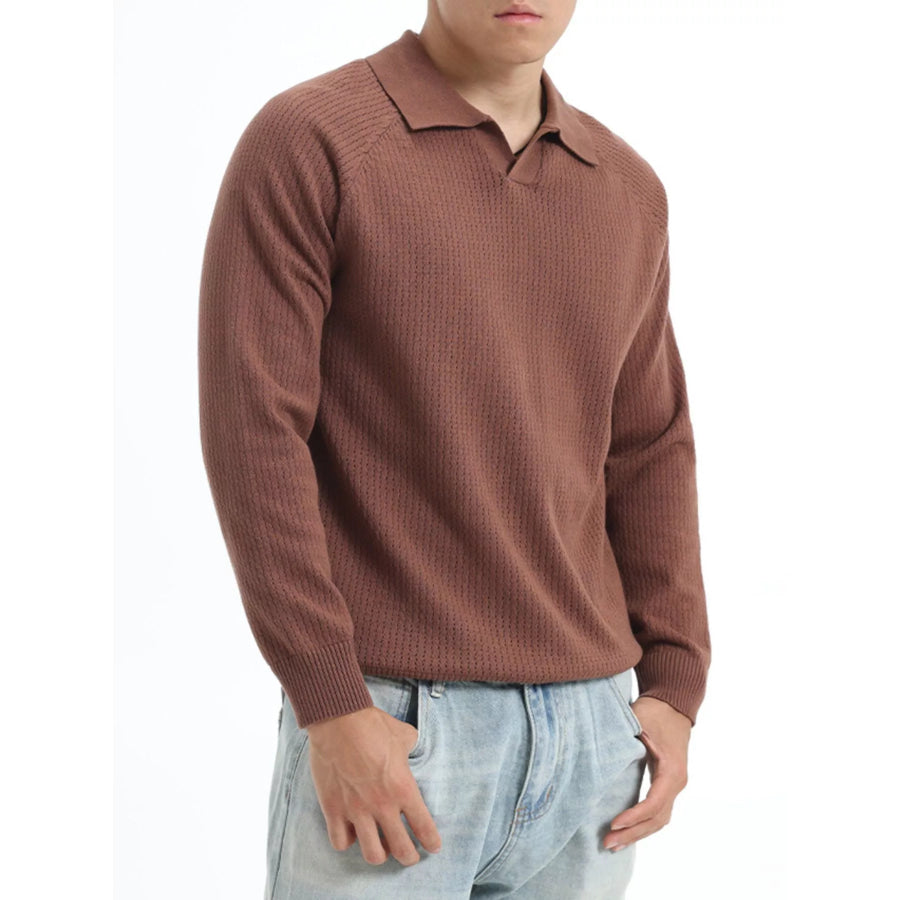 Men’s Plus Size Textured Polo Collar Knit Top Brown / M Apparel and Accessories