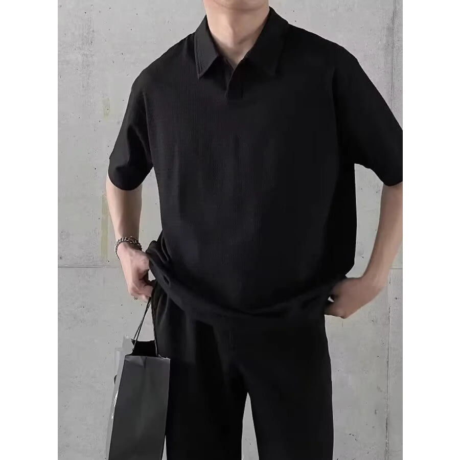 Men’s Plus Size Textured Short Sleeve Casual Polo Black / M Apparel and Accessories