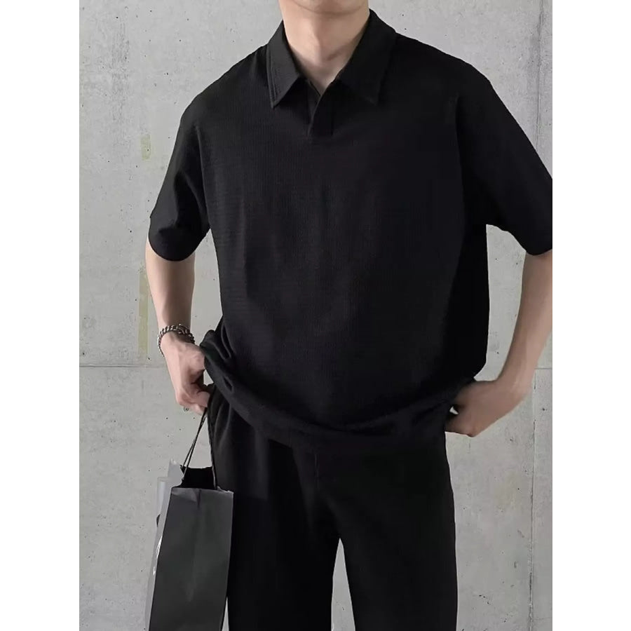 Men’s Plus Size Textured Waffle Knit Polo Shirt Black / M Apparel and Accessories