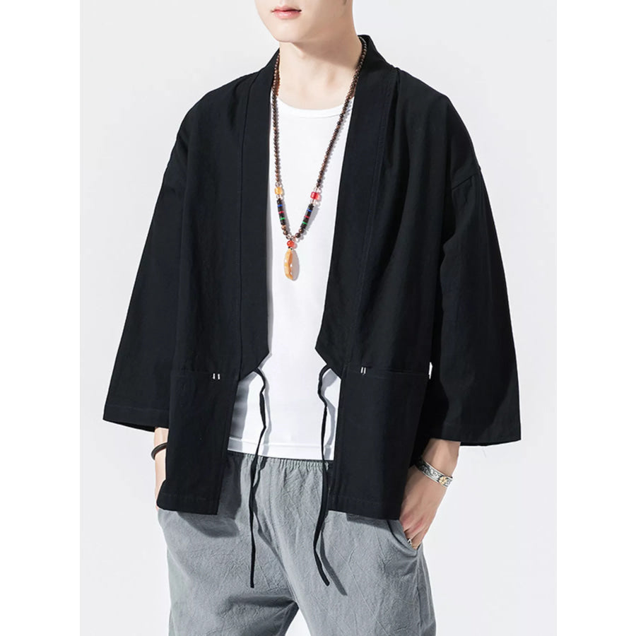 Men’s Plus Size Tie Front 3/4 Sleeve Cardigan Black / M Apparel and Accessories