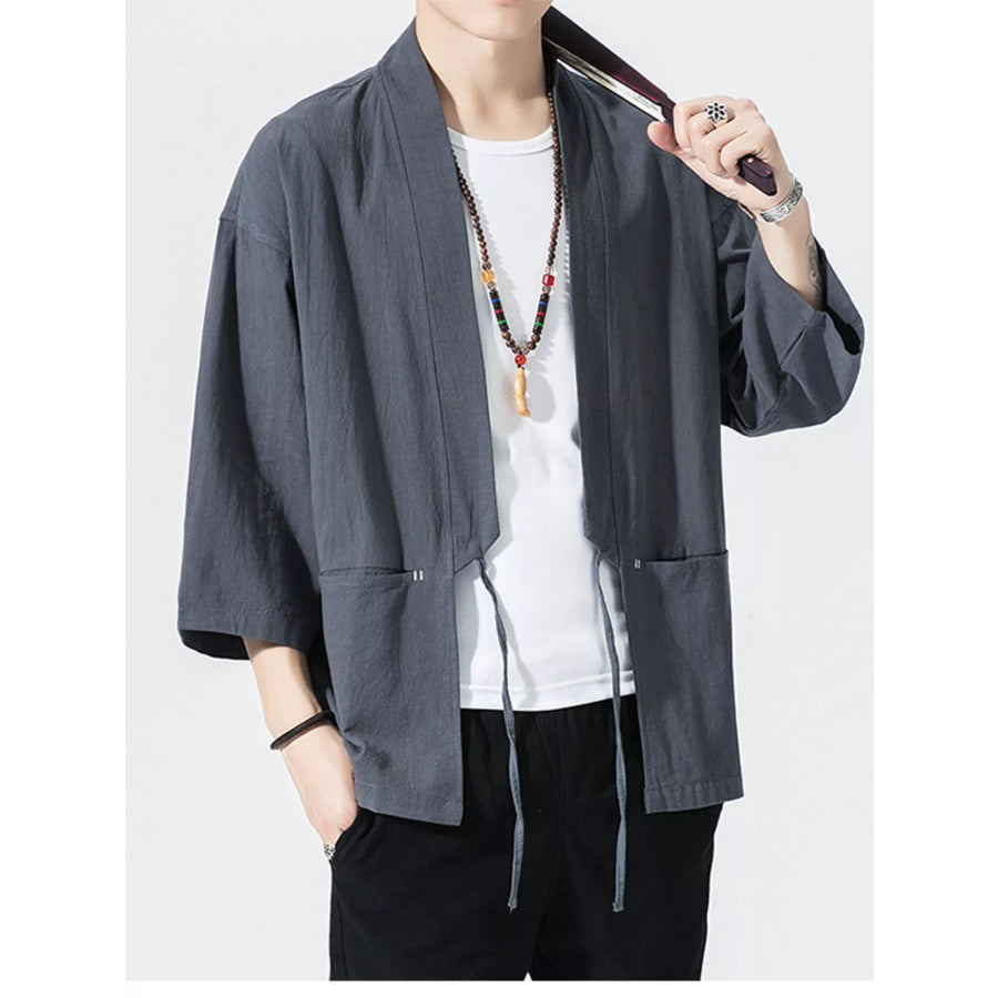 Men’s Plus Size Tie Front 3/4 Sleeve Cardigan Grey / M Apparel and Accessories