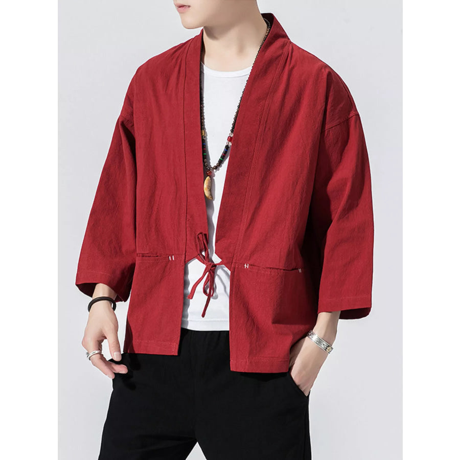 Men’s Plus Size Tie Front 3/4 Sleeve Cardigan Black / M Apparel and Accessories