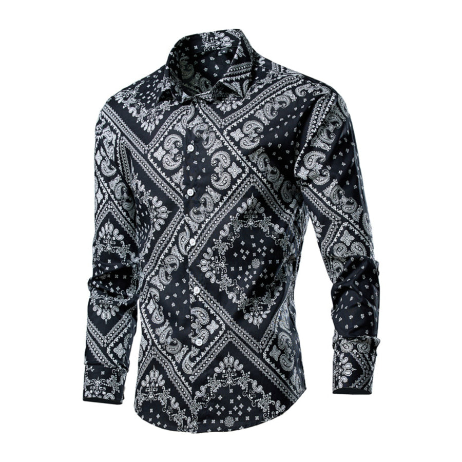 Men’s Plus Size Tropical Leaf Print Button-Down Shirt Black / M Apparel and Accessories