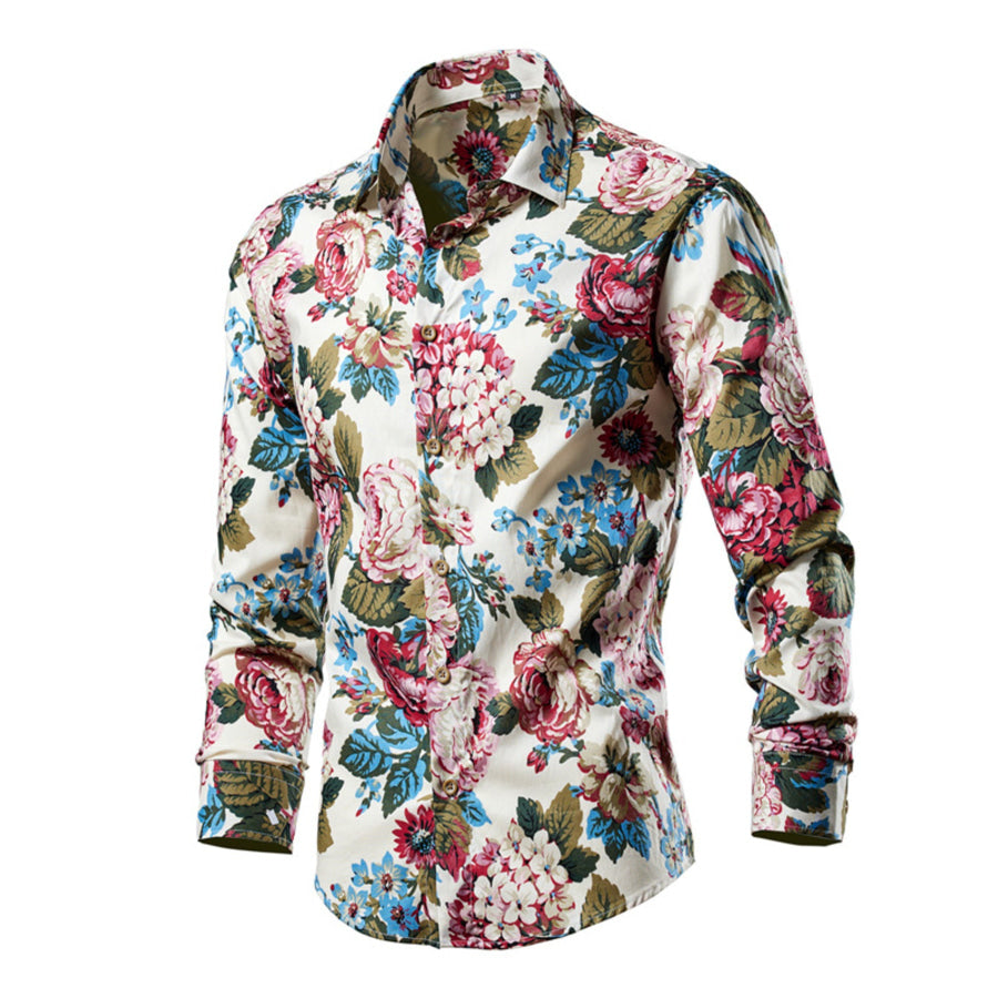 Men’s Plus Size Tropical Leaf Print Button-Down Shirt Cerise / M Apparel and Accessories