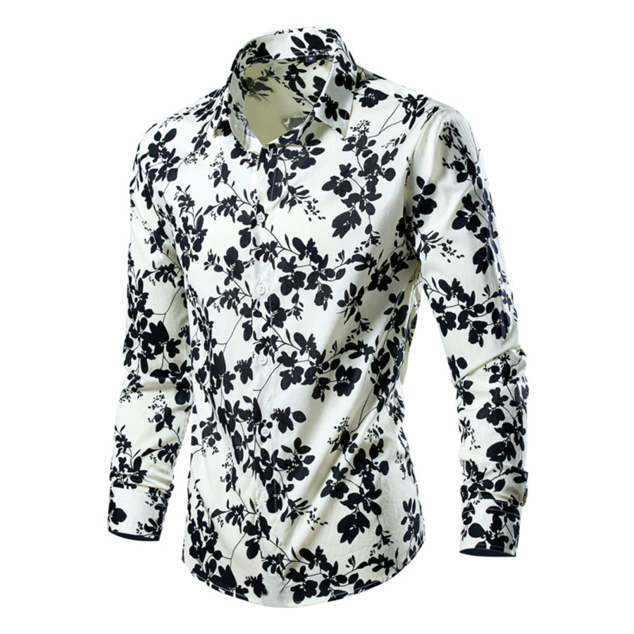 Men’s Plus Size Tropical Leaf Print Button-Down Shirt Cream / M Apparel and Accessories