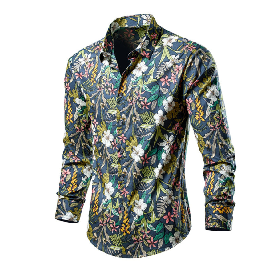Men’s Plus Size Tropical Leaf Print Button-Down Shirt French Blue / M Apparel and Accessories