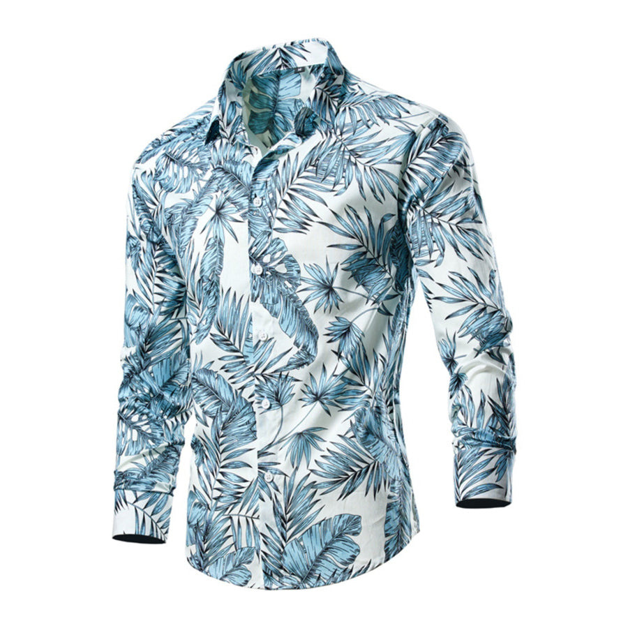 Men’s Plus Size Tropical Leaf Print Button-Down Shirt Pastel Blue / M Apparel and Accessories