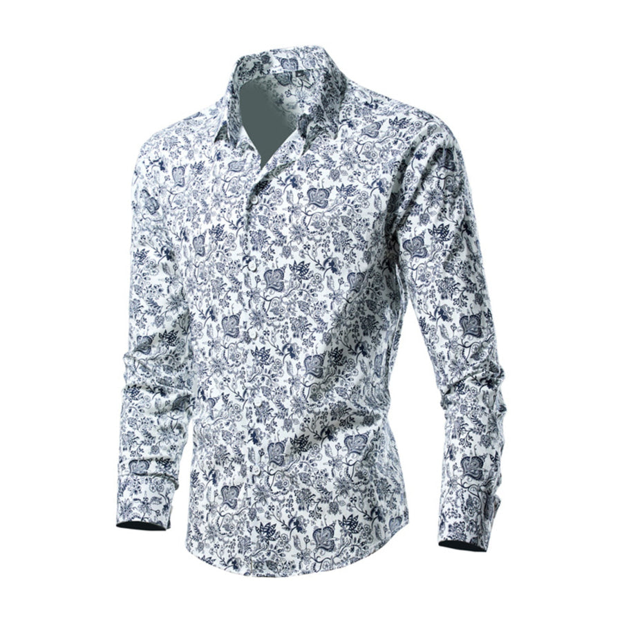 Men’s Plus Size Tropical Leaf Print Button-Down Shirt White / M Apparel and Accessories