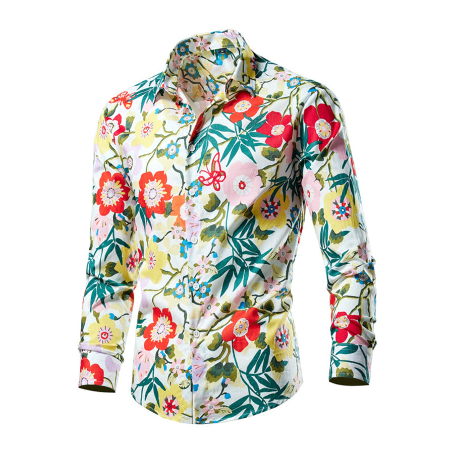 Men’s Plus Size Tropical Leaf Print Button-Down Shirt Yellow / M Apparel and Accessories