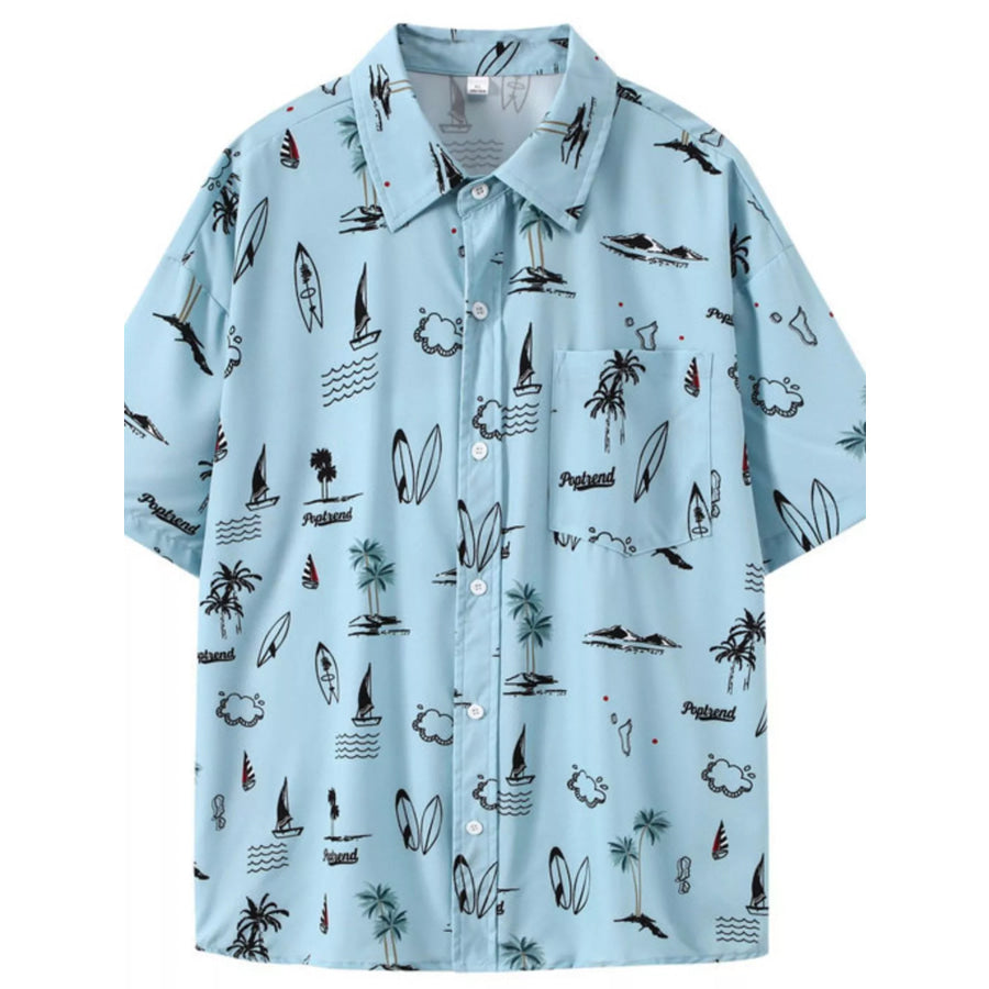 Men’s Plus Size Tropical Print Short Sleeve Shirt Light Blue / M Apparel and Accessories