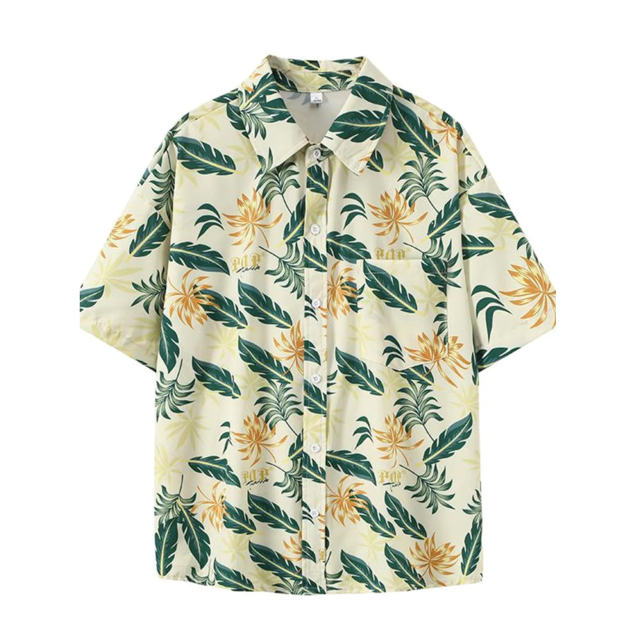 Men’s Plus Size Tropical Print Short Sleeve Shirt Pastel Yellow / M Apparel and Accessories