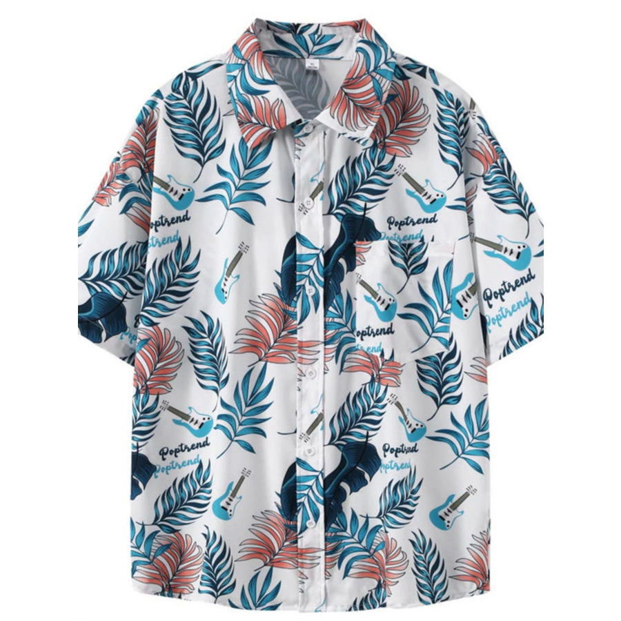 Men’s Plus Size Tropical Print Short Sleeve Shirt Sky Blue / M Apparel and Accessories