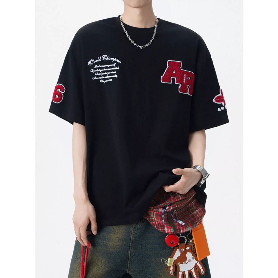 Men’s Plus Size Varsity Style Applique Round Neck T-Shirt Black / M Apparel and Accessories