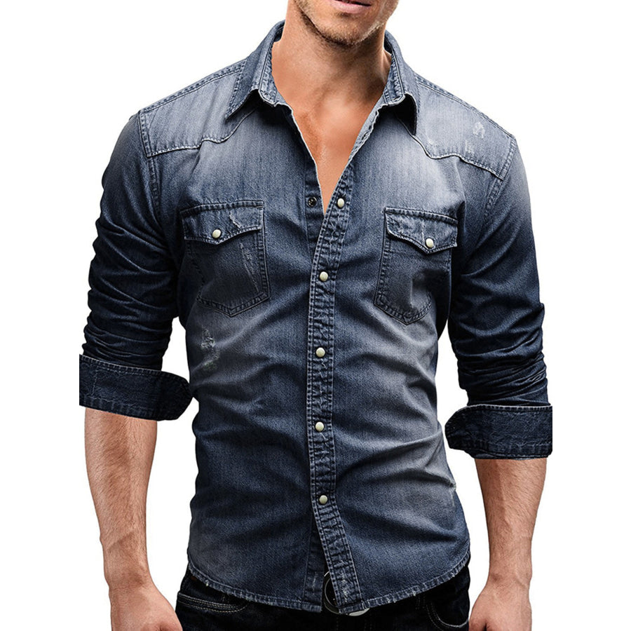 Men’s Plus Size Vintage Washed Button Up Denim Shirt Dark Blue / M Apparel and Accessories