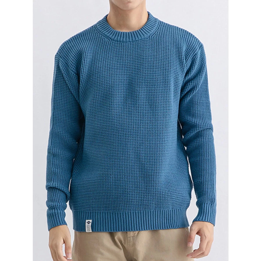 Men’s Plus Size Waffle Knit Crew Neck Sweater Denim Blue / M Apparel and Accessories