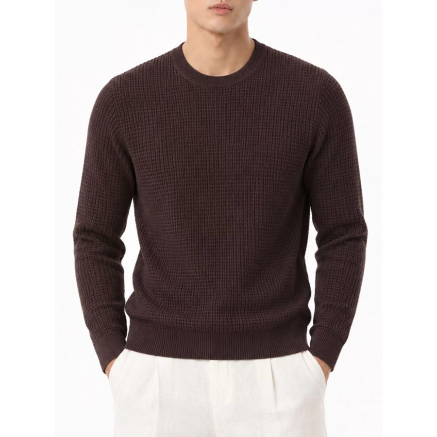 Men’s Plus Size Waffle-Knit Crew Neck Knit Top Brown / M Apparel and Accessories
