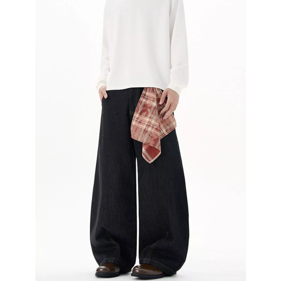 Men’s Plus Size Wide Leg Jeans with Detachable Square Scarf Black / S Apparel and Accessories