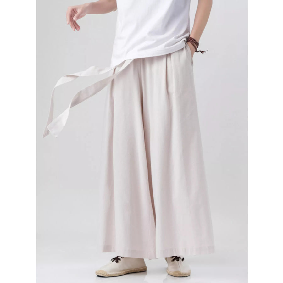 Men’s Plus Size Wide Leg Pants with Tie Waist Beige White / M Apparel and Accessories