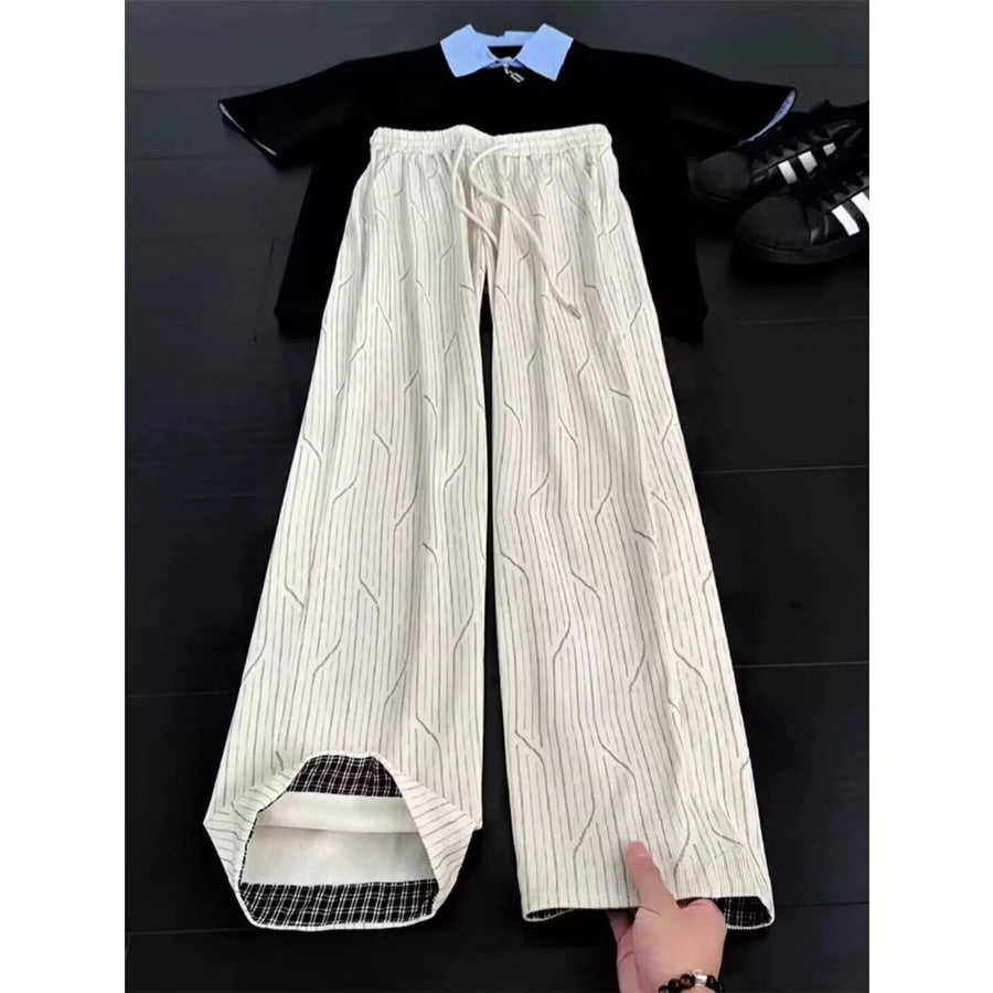 Men’s Plus Size Wide-Leg Striped Casual Pants with Drawstring Apricot / M Apparel and Accessories