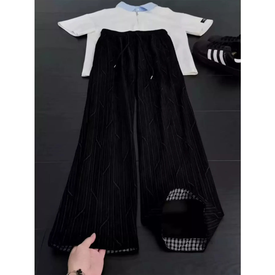 Men’s Plus Size Wide-Leg Striped Casual Pants with Drawstring Black / M Apparel and Accessories