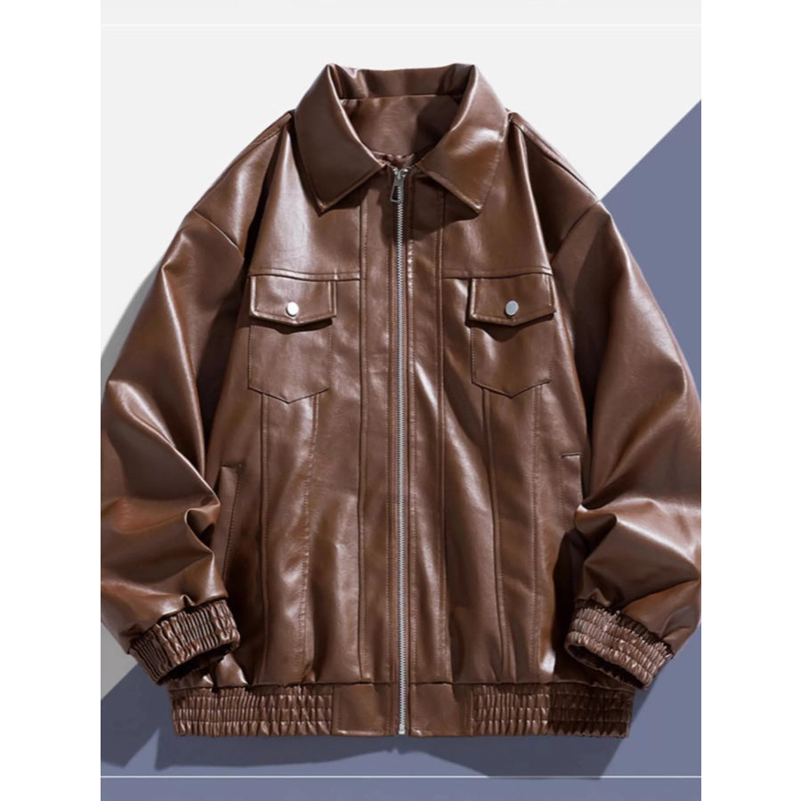 Men’s Plus Size Zip Up Leather Jacket Brown / M Apparel and Accessories