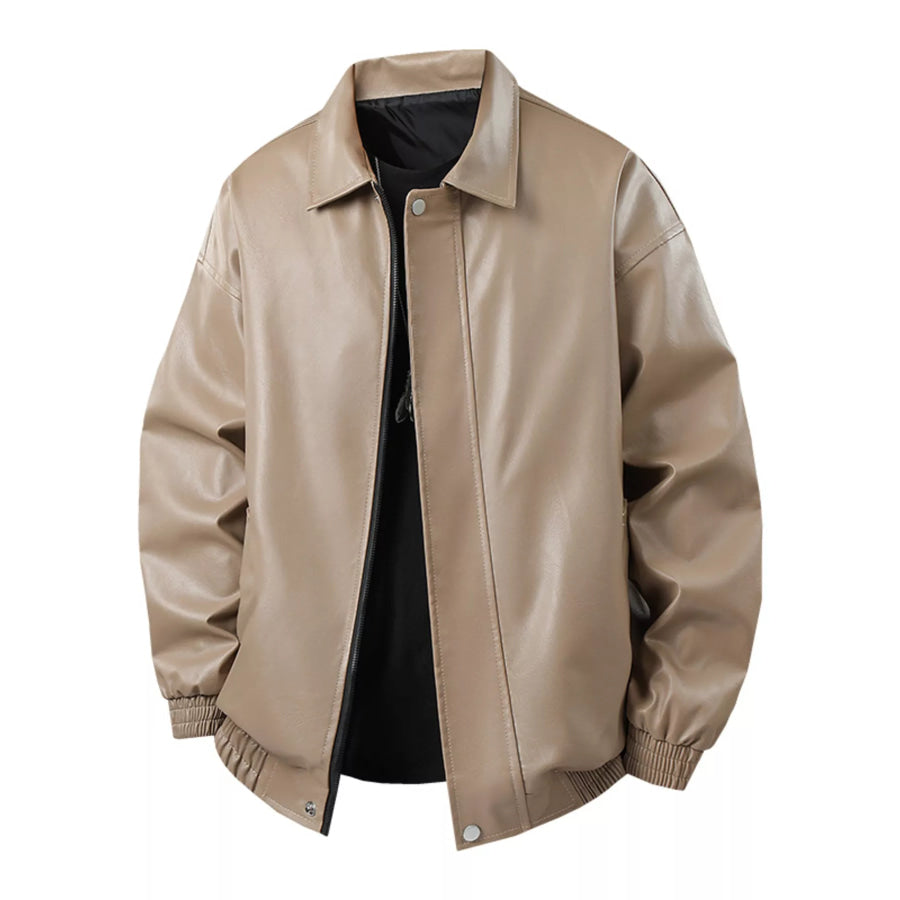 Men’s Plus Size Zip Up Leather Jacket Khaki / M Apparel and Accessories