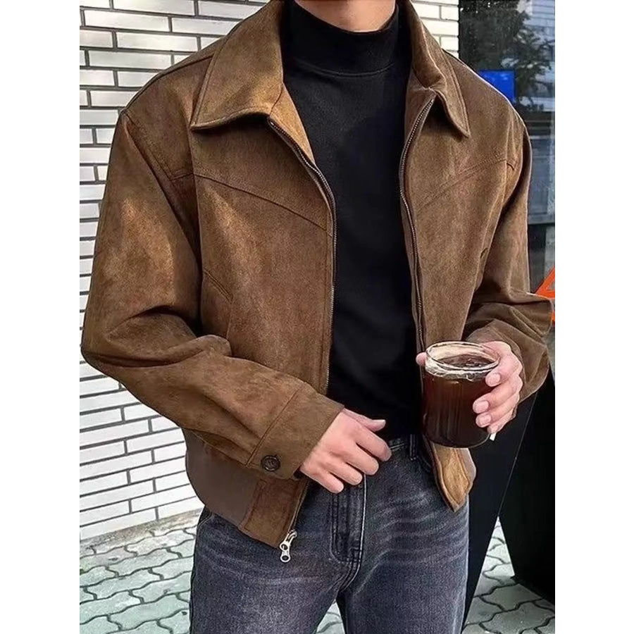 Men’s Plus Size Zip Up Long Sleeve Jacket Brown / M Apparel and Accessories