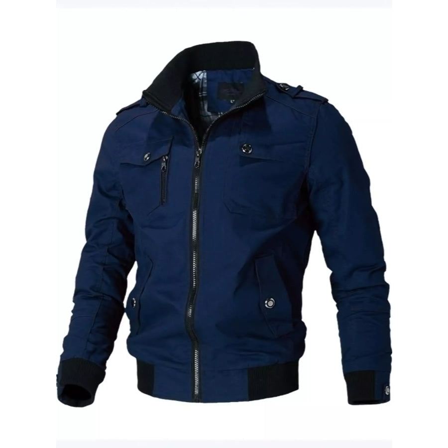 Men’s Plus Size Zip Up Stand Collar Casual Bomber Jacket Dark Blue / M Apparel and Accessories