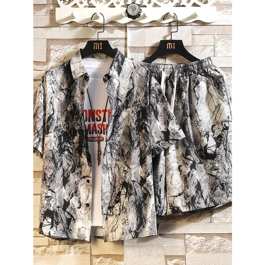 Men’s Printed Button Up Shirt and Shorts Set Dark Gray / M Apparel and Accessories