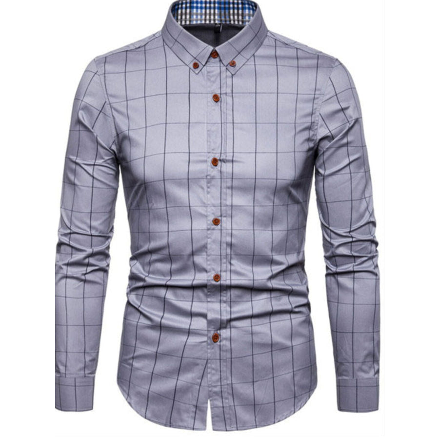 Men’s Pus Size Plaid Button Up Long Sleeve Shirt Grey / M Apparel and Accessories