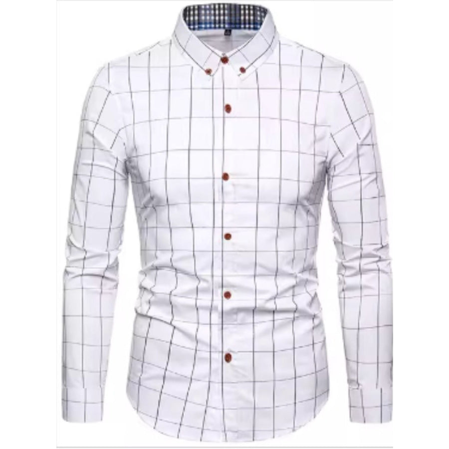 Men’s Pus Size Plaid Button Up Long Sleeve Shirt White / M Apparel and Accessories