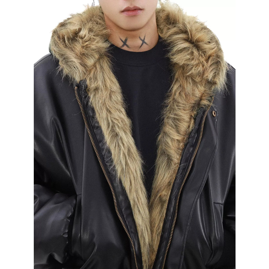 Men’s Reversible Faux Leather Bomber Jacket with Plush Fur Lining Black / M Apparel and Accessories