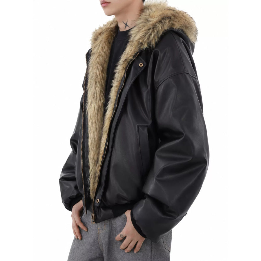 Men’s Reversible Faux Leather Bomber Jacket with Plush Fur Lining Apparel and Accessories