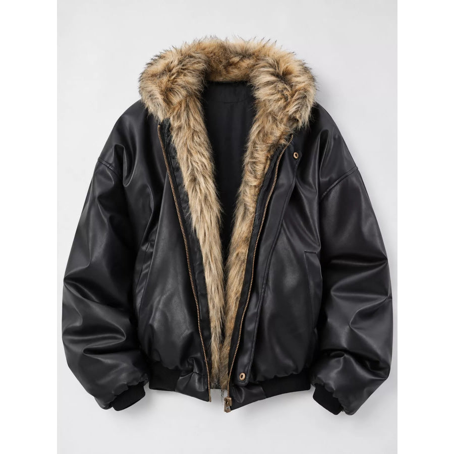 Men’s Reversible Faux Leather Bomber Jacket with Plush Fur Lining Apparel and Accessories
