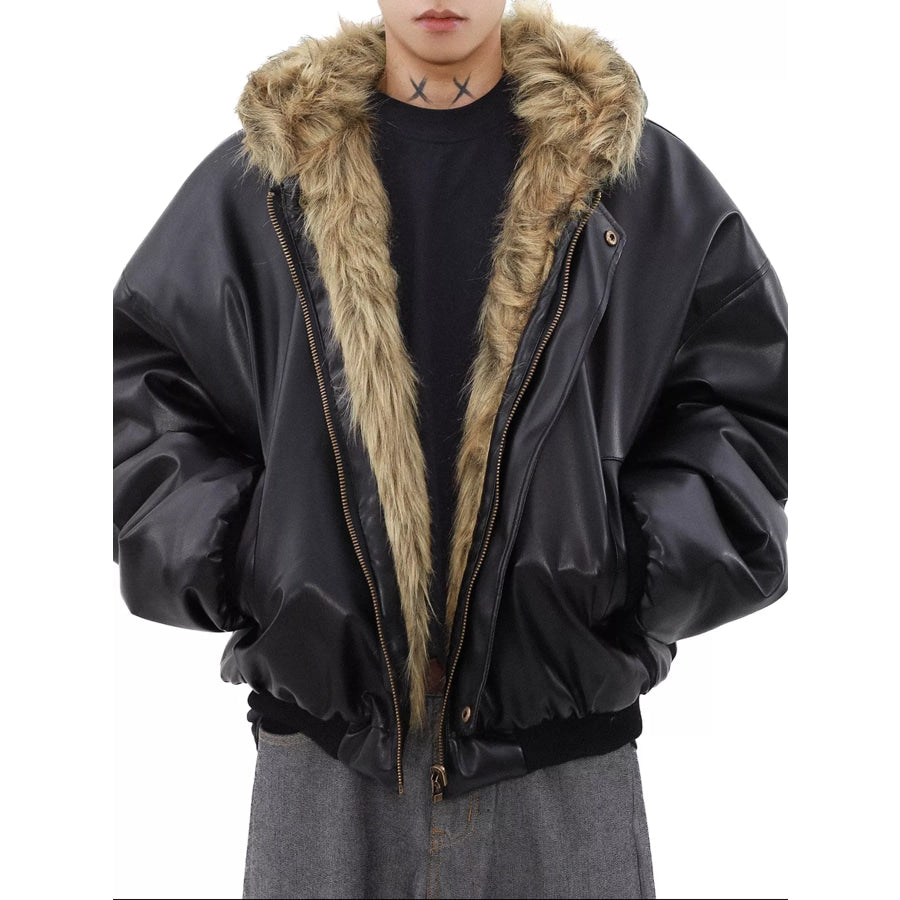 Men’s Reversible Faux Leather Bomber Jacket with Plush Fur Lining Apparel and Accessories